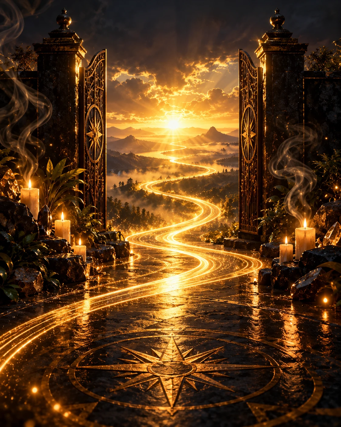 Portal dourado aberto sobre um caminho sinuoso de luz, entre velas acesas e montanhas ao amanhecer