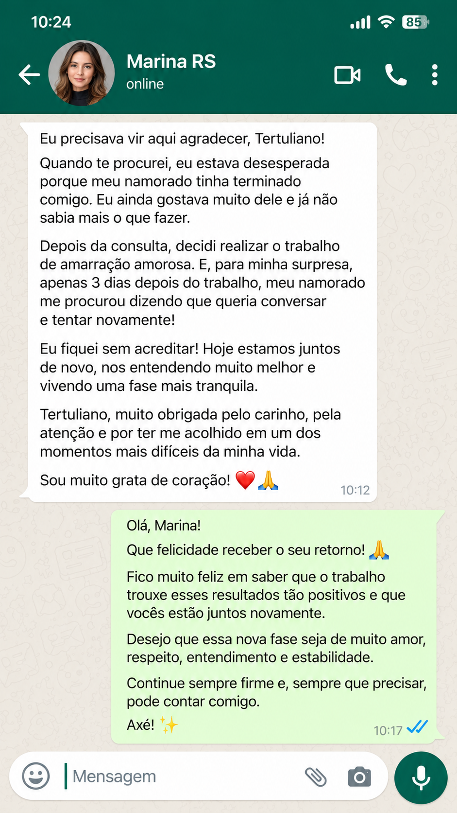 Depoimento autorizado de Marina RS no WhatsApp