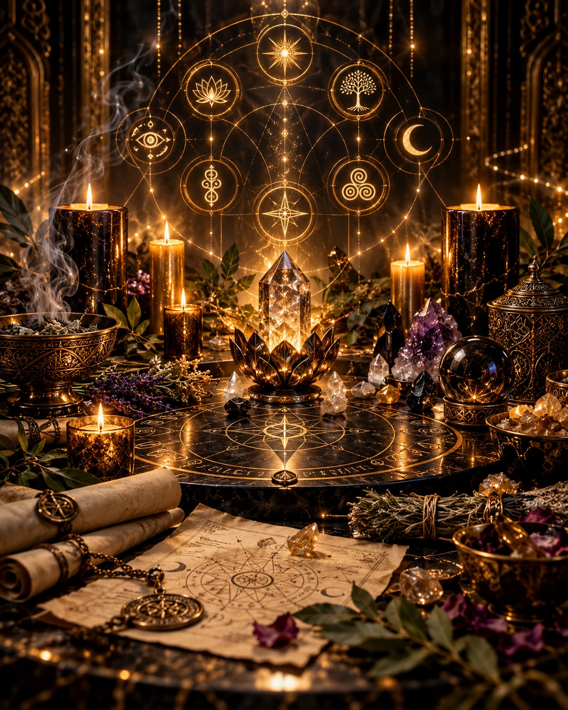 Altar com cristal em forma de lótus iluminado, velas, pergaminhos e símbolos de geometria sagrada