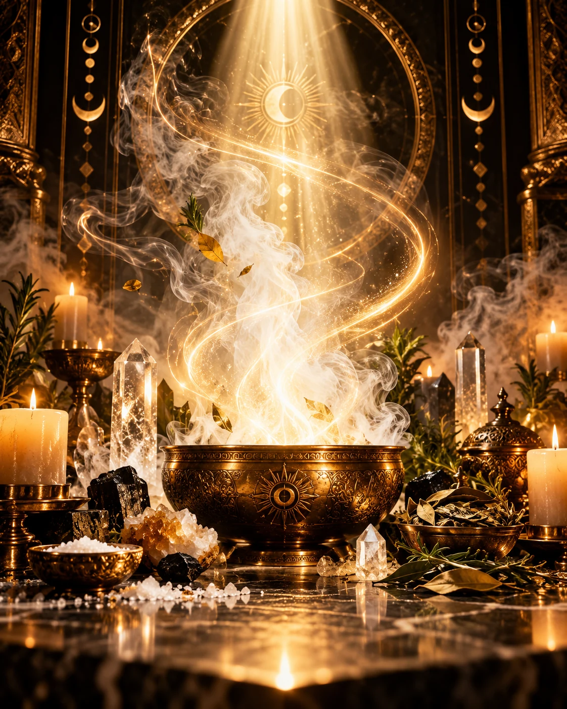 Tigela cerimonial dourada de onde sobe fumaça e luz, rodeada por velas, cristais, folhas e sal