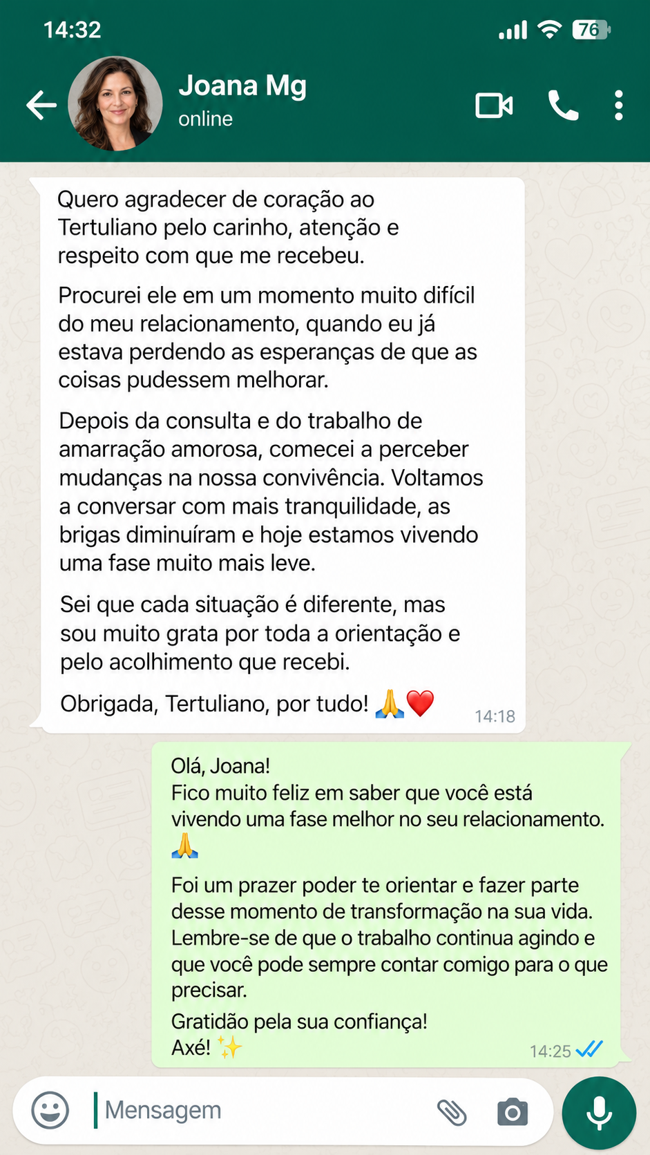 Depoimento autorizado de Joana Mg no WhatsApp
